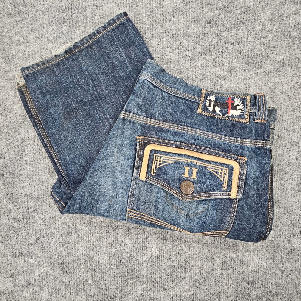 Vintage Nostic Y2K Baggy Embroidered Skull Eagle Jeans 38x34 Flawed Back Pockets